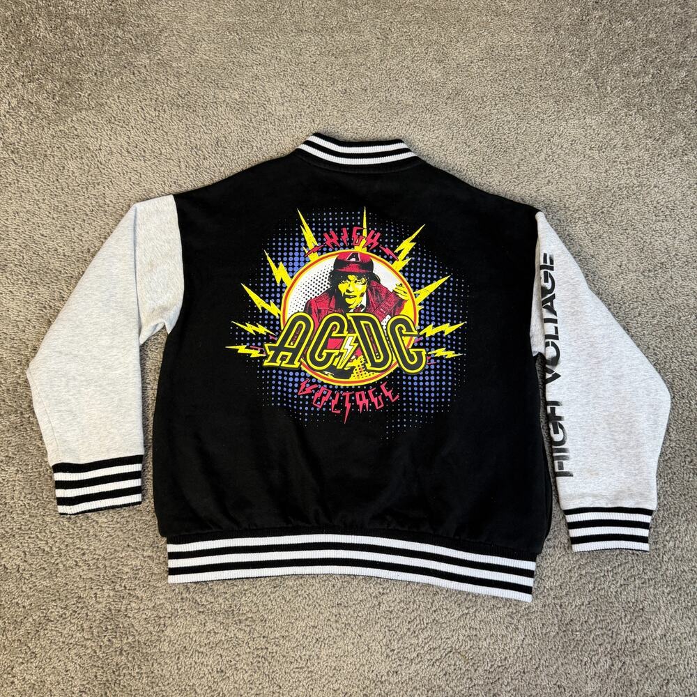 AC/DC Jacket Mens Small Black Varsity High Voltage Fleece Snap Logo Striped Rib